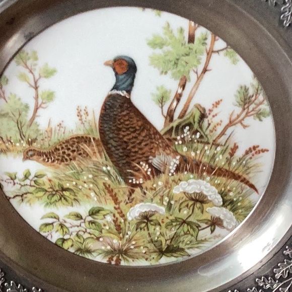 1980s/90s SKS Zinn Germany pheasant porcelain center 95% pewter rim 8” plate - Picture 2 of 8